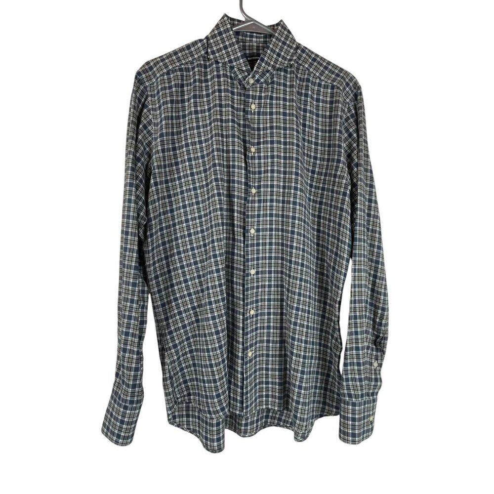 Suit Supply Button Front Plaid Shirt Mens 40 15 3/4 Blue Italian Cotton